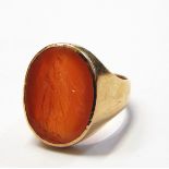 Gent's intaglio cut cornelian signet ring with yellow metal shank