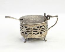 Silver mustard pot, Chester 1914 of oval form with pierced sides,