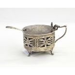 Silver mustard pot, Chester 1914 of oval form with pierced sides,