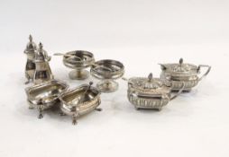 Four-piece silver condiment set, London 1919 (crested), pair of silver half-gadrooned mustard pots,