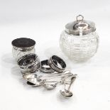 Cut glass preserve pot with silver cover, Birmingham 1909, pair of napkin rings and one other,