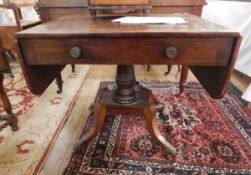 Regency Cuban mahogany and satinwood banded sofa table fitted two drawers to frieze,