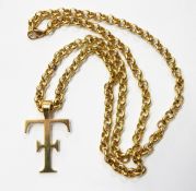 Theo Fennell 18ct gold TF pendant and chain, the pendant with large tapering hinged loop clasp,