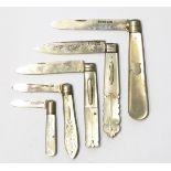 Victorian silver folding fruit knife with carved mother-of-pearl handle and engraved blade,