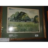 A watercolour of trees in a field within gilt frame 52cm x 43cm