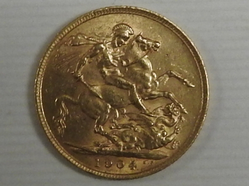 A 1904 gold full sovereign.