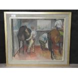 A 20th century oil on canvas painting of a stable, in original frame. Unsigned.