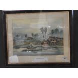 Unkown artist watercolour South Pacific coastal scene with figures framed and signed