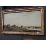 A Russian oil on canvas, landscape scene of a farm and a lake in a gilt frame. 60x44cm