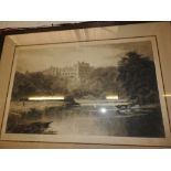 David Law, a monochrome etching of a castle, possibly Windsor, mounted and oak framed