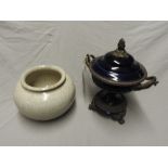 A 20th Century blue oriental urn with twin brass handles, and a Chinese 20th Century crackle