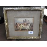 A 19th Century watercolour of a castle on a hill, mounted and in a gilt frame