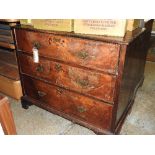 An 18th Century Queen Anne figured walnut chest of three long drawers on bracket feet. (A/F some