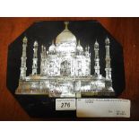 A octagonal slate picture with a mother pearl inlaid Taj Mahal