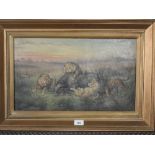 R A Dexter An early 20th century oil on canvas of lions hunting a buffalo in a gilt frame. Signed