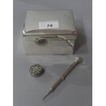A hallmarked silver snuff box together with a silver propelling pencil and a hallmarked silver