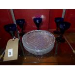 A set of five Bristol blue glasses and five Danish glass plates