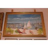 An oil on board beach scene depicting sunbathers and sailing boats, signed B. Wright