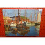 An unframed oil on canvas American harbour scene signed L. Kimble