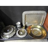 A collection of brassware to include an Arts and Crafts embossed tray (qty)