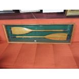 A pair of antique oars in glass display case. 144 x 44cm