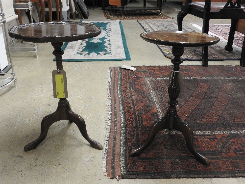 A near pair of mahogany tripod tables and a white painted stool (3)