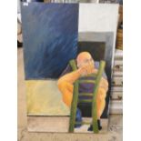 Anna Leon, oil on canvas man seated on chair signed verso unframed, 120cm x 80cm