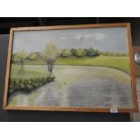 An oil on canvas of a river scene within pine frame. 80cm x 35cm