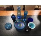 A collection of 20th Century blue glass wares, to include a Durand art glass vase and a kemple glass