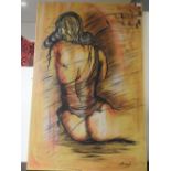 Alexandre M mixed media study of a scantily clad seated model, unframed 150cm x 100cm