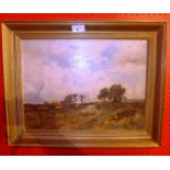 A 19th Century oil on canvas country landscape with sheep being herded along a path,