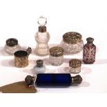 A good collection of silver and cut glass scent bottles including a Bristol blue glass double scent