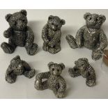 A collection of six sterling silver modern design Teddy bears