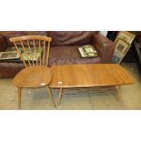 An Ercol vintage retro coffee table with undertier 35cm x 106cm and an Ercol chair (2)