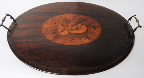 A 20th century Edwardian design inlaid tray of ovoid form with twin handles,