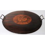 A 20th century Edwardian design inlaid tray of ovoid form with twin handles,