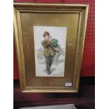 A watercolour of a farmer and a donkey within gilt frame by Edwin Price,
