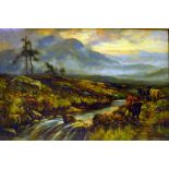 After Gilbert Foster, an extensive landscape with bison and babbling brook to the foreground,