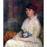 A fine 19th Century oil on canvas depicting a posed seated lady and her dog, unsigned, 76cm x 62cm,