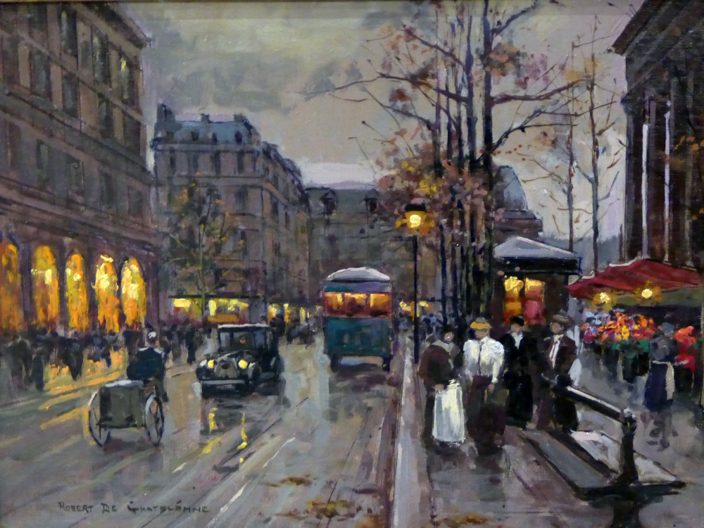 Robert De Chatelenne (20th Century, American) oil on canvas of a Parisian street scene,