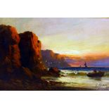 G Pierre (20th Century School) An oil on board depicting a coastal scene at cliff edge at sunset,