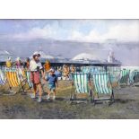 M J Sanders (Modern, British) A beach scene with figures to the foreground and pier in the distance,