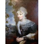 A 19th Century oil on canvas depicting a lady in lace garbs and a castle illustrated in the