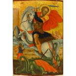 A Russian icon on panel depicting St George slaying the dragon, gilt heightened, 41cm x 28cm.