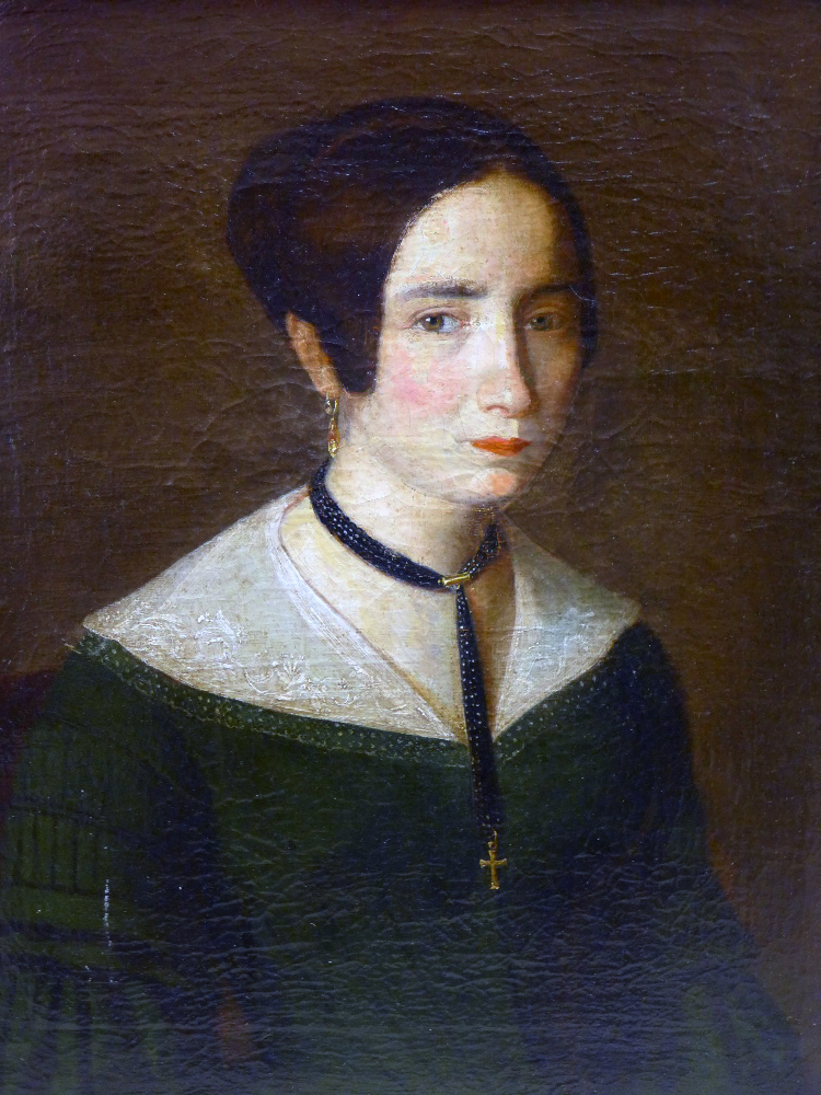 A 19th Century unsigned oil on canvas of a Victorian lady in a green dress and cross necklace,