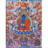 An exquisitely detailed Tibetan Thangka in watercolour/gouache depicting Bhaisajyagura ('Medicine