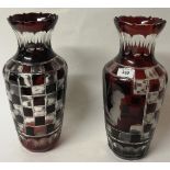 A pair of 20th century Bohemian style ruby flash glass vases with portraits H 39cm