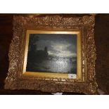 An oil on board moonlit river scene within ornate gilt frame 45cm x 40cm