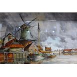 Van Staaten, Dutch school, watercolour of a harbour scene with a windmill in the background,