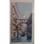 A pair of watercolours by Emilio Boni, Venetian scenes with gondolas winding through the city,
